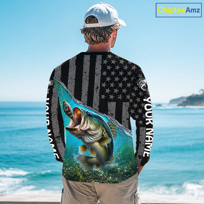 Gray Blue Bass Custom Long Sleeve Fishing Shirt, American Flag Patriotic Bass Fishing Jerseys NHT973