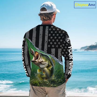 Gray Green Bass Custom Long Sleeve Fishing Shirt, American Flag Patriotic Bass Fishing Jersey NHT974
