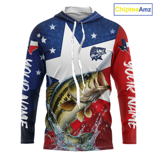 Hooded Design Texas Flag Bass Performance Fishing Shirts, Custom Texas Bass Fishing Jersey NHT609