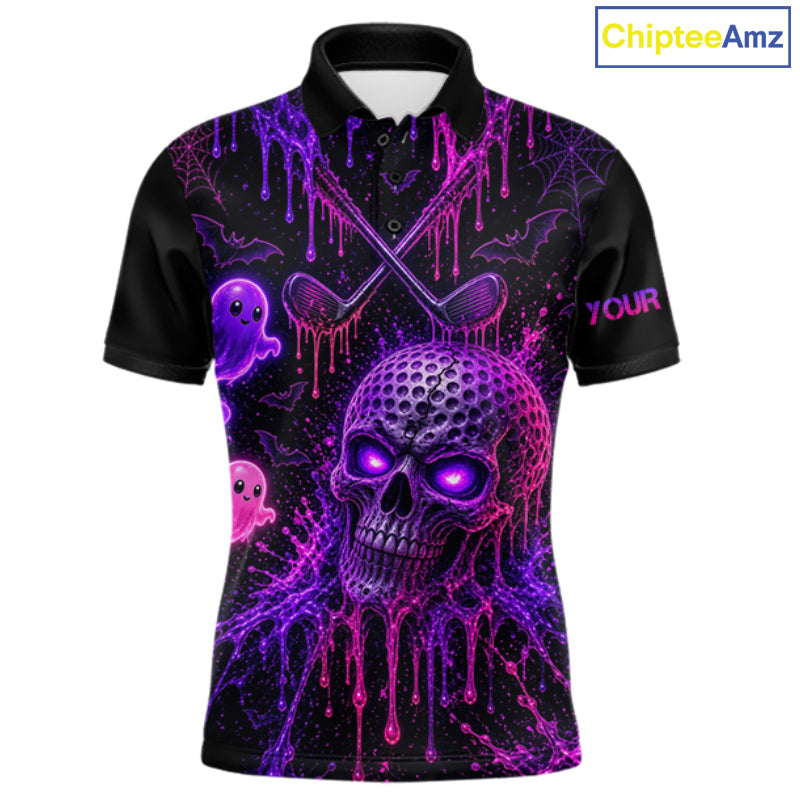 Custom Name Purple Pink Halloween Men Golf Polo Shirt, Spooky Neon Skull Ghost Golfing Apparel NHT1434