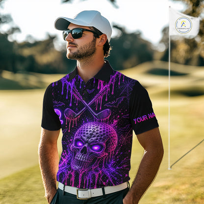 Custom Name Purple Pink Halloween Men Golf Polo Shirt, Spooky Neon Skull Ghost Golfing Apparel NHT1434