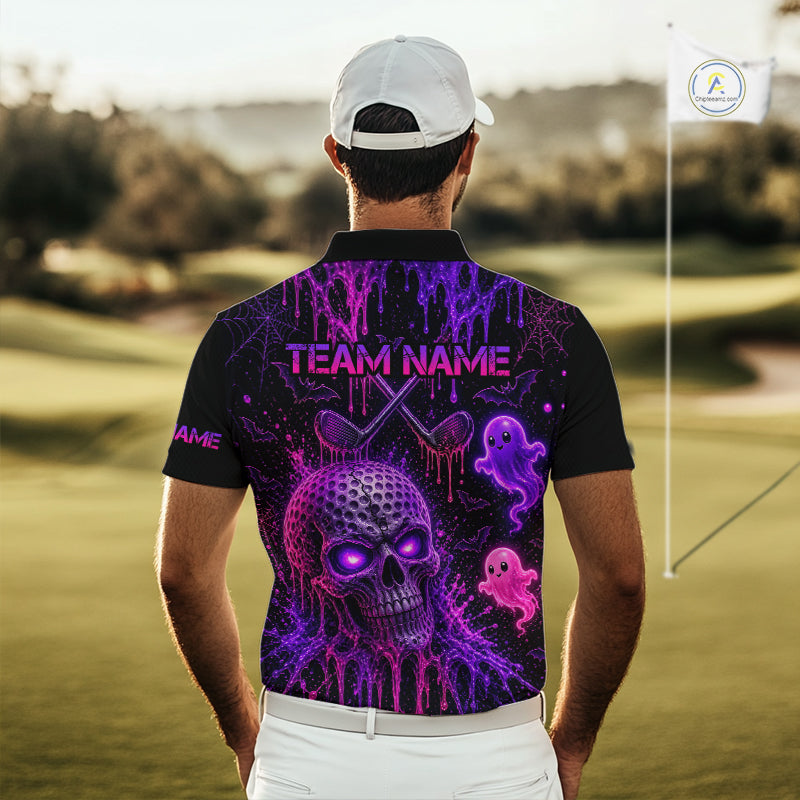 Custom Name Purple Pink Halloween Men Golf Polo Shirt, Spooky Neon Skull Ghost Golfing Apparel NHT1434