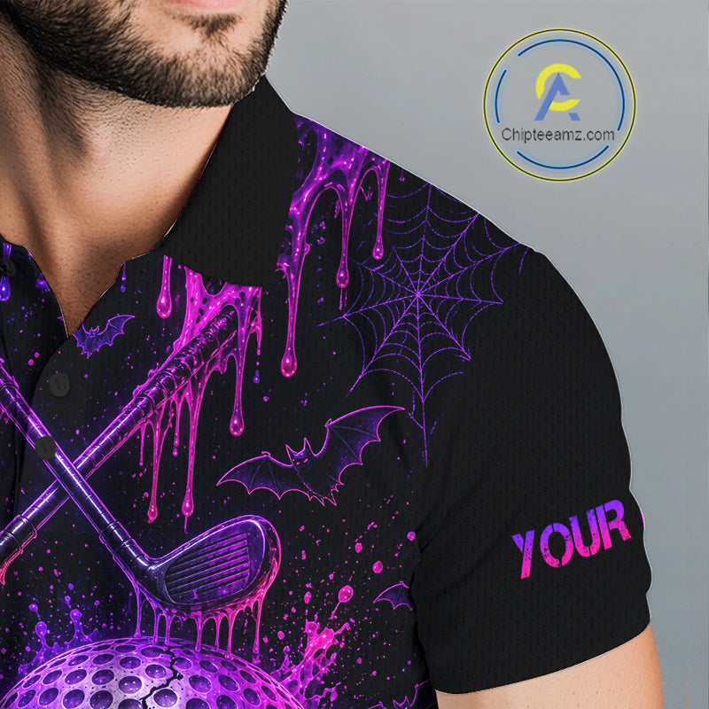 Custom Name Purple Pink Halloween Men Golf Polo Shirt, Spooky Neon Skull Ghost Golfing Apparel NHT1434