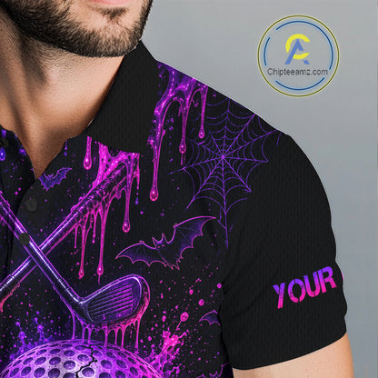 Custom Name Purple Pink Halloween Men Golf Polo Shirt, Spooky Neon Skull Ghost Golfing Apparel NHT1434