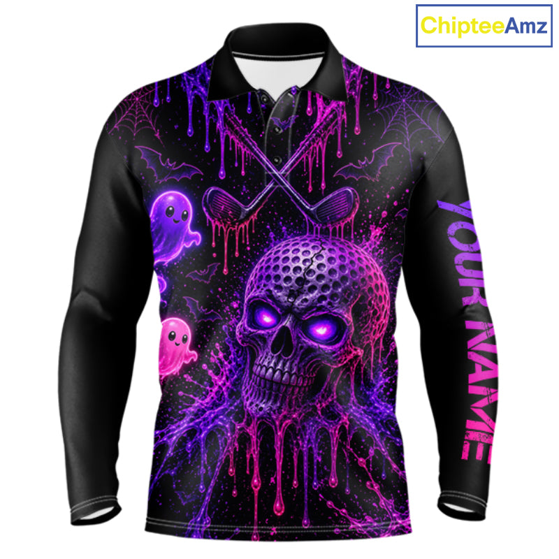 Custom Name Purple Pink Halloween Men Golf Polo Shirt, Spooky Neon Skull Ghost Golfing Apparel NHT1434