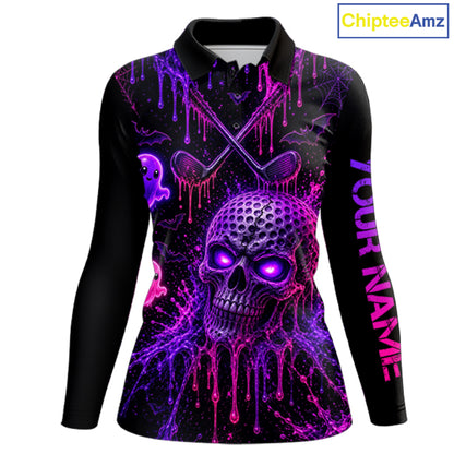 Custom Name Purple Pink Halloween Women Golf Polo Shirt, Spooky Neon Skull Ghost Golfing Apparel NHT1434