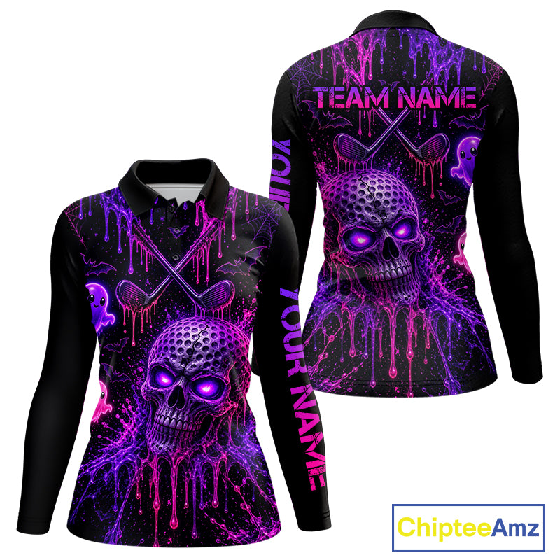 Custom Name Purple Pink Halloween Women Golf Polo Shirt, Spooky Neon Skull Ghost Golfing Apparel NHT1434