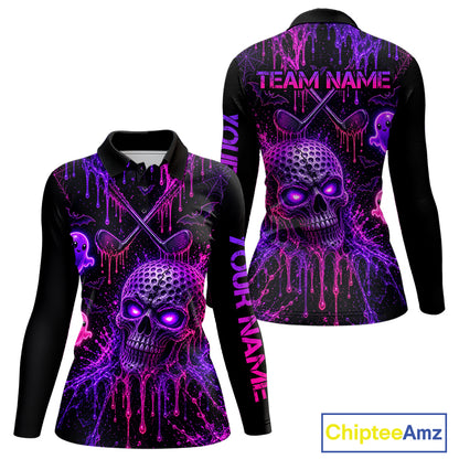 Custom Name Purple Pink Halloween Women Golf Polo Shirt, Spooky Neon Skull Ghost Golfing Apparel NHT1434