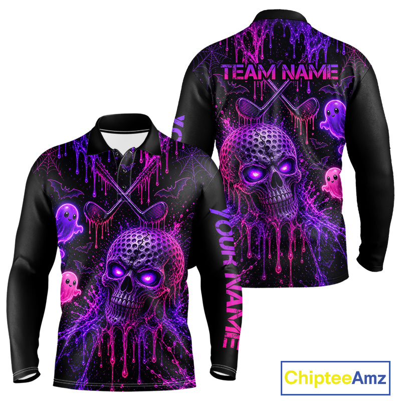 Custom Name Purple Pink Halloween Men Golf Polo Shirt, Spooky Neon Skull Ghost Golfing Apparel NHT1434