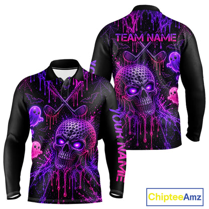 Custom Name Purple Pink Halloween Men Golf Polo Shirt, Spooky Neon Skull Ghost Golfing Apparel NHT1434