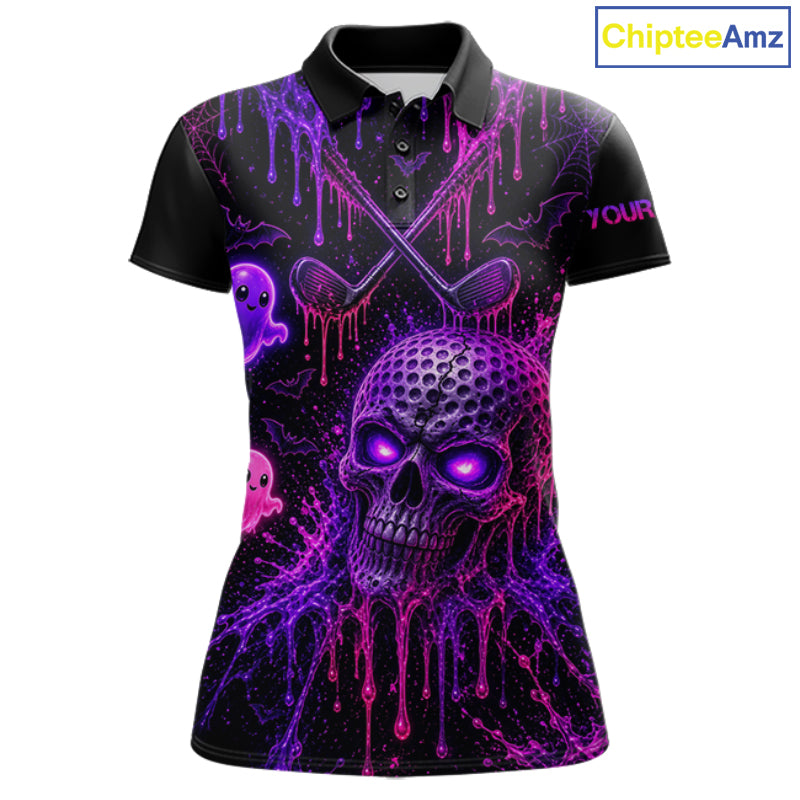 Custom Name Purple Pink Halloween Women Golf Polo Shirt, Spooky Neon Skull Ghost Golfing Apparel NHT1434