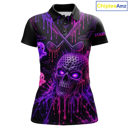 Custom Name Purple Pink Halloween Women Golf Polo Shirt, Spooky Neon Skull Ghost Golfing Apparel NHT1434