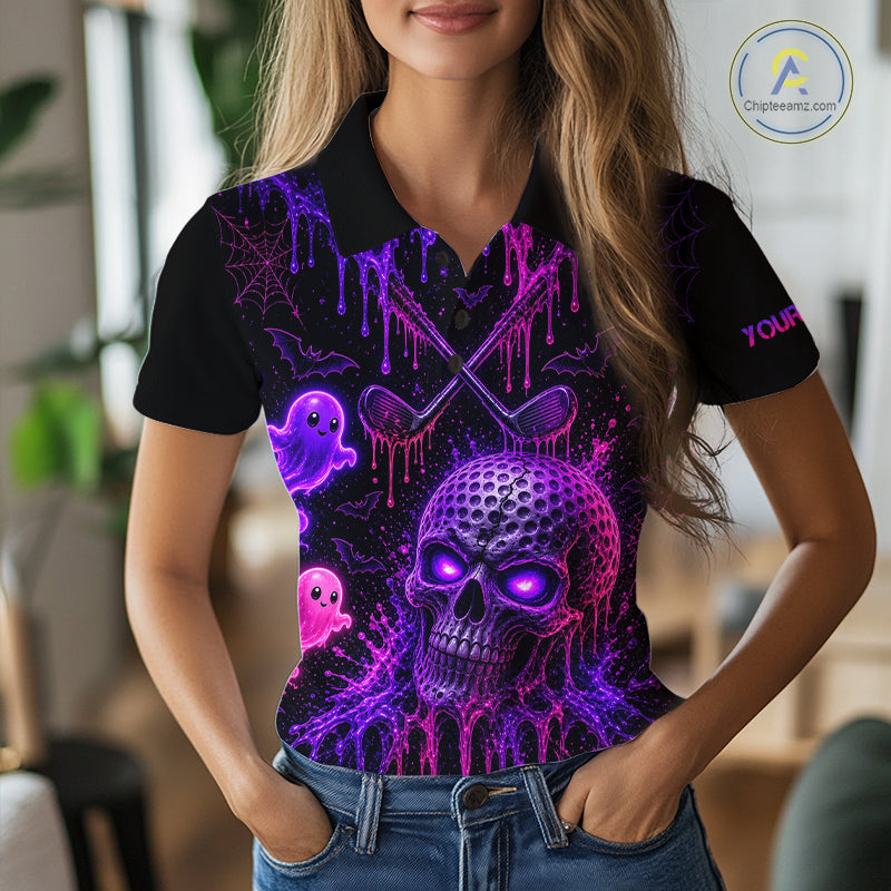 Custom Name Purple Pink Halloween Women Golf Polo Shirt, Spooky Neon Skull Ghost Golfing Apparel NHT1434