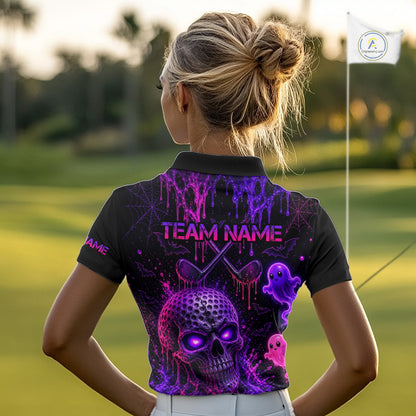 Custom Name Purple Pink Halloween Women Golf Polo Shirt, Spooky Neon Skull Ghost Golfing Apparel NHT1434