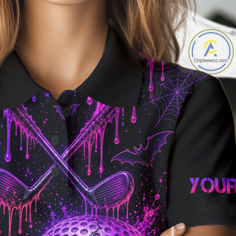 Custom Name Purple Pink Halloween Women Golf Polo Shirt, Spooky Neon Skull Ghost Golfing Apparel NHT1434