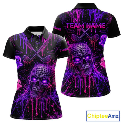 Custom Name Purple Pink Halloween Women Golf Polo Shirt, Spooky Neon Skull Ghost Golfing Apparel NHT1434