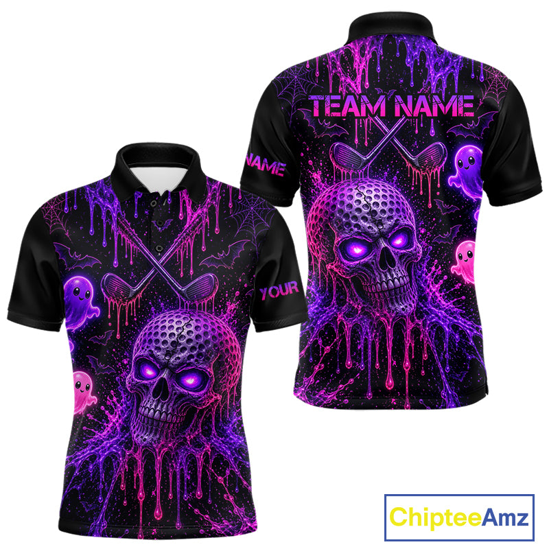 Custom Name Purple Pink Halloween Men Golf Polo Shirt, Spooky Neon Skull Ghost Golfing Apparel NHT1434