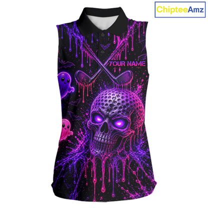 Custom Name Purple Pink Halloween Women Sleeveless Golf Polo Shirt, Spooky Neon Skull Ghost Golfing Apparel NHT1434
