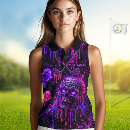 Custom Name Purple Pink Halloween Women Sleeveless Golf Polo Shirt, Spooky Neon Skull Ghost Golfing Apparel NHT1434