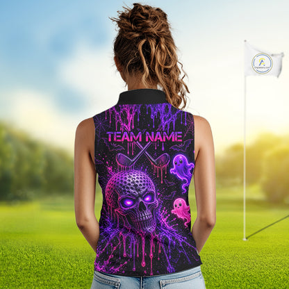 Custom Name Purple Pink Halloween Women Sleeveless Golf Polo Shirt, Spooky Neon Skull Ghost Golfing Apparel NHT1434