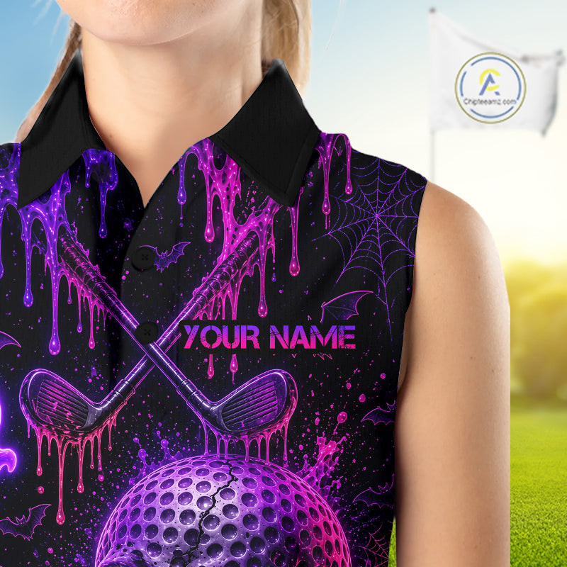 Custom Name Purple Pink Halloween Women Sleeveless Golf Polo Shirt, Spooky Neon Skull Ghost Golfing Apparel NHT1434