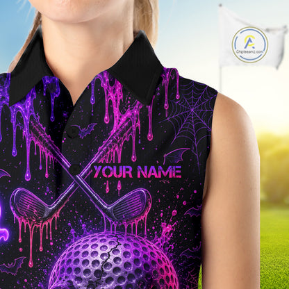 Custom Name Purple Pink Halloween Women Sleeveless Golf Polo Shirt, Spooky Neon Skull Ghost Golfing Apparel NHT1434