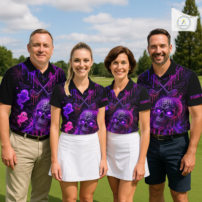 Custom Name Purple Pink Halloween Men Golf Polo Shirt, Spooky Neon Skull Ghost Golfing Apparel NHT1434