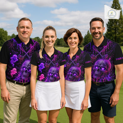 Custom Name Purple Pink Halloween Men Golf Polo Shirt, Spooky Neon Skull Ghost Golfing Apparel NHT1434
