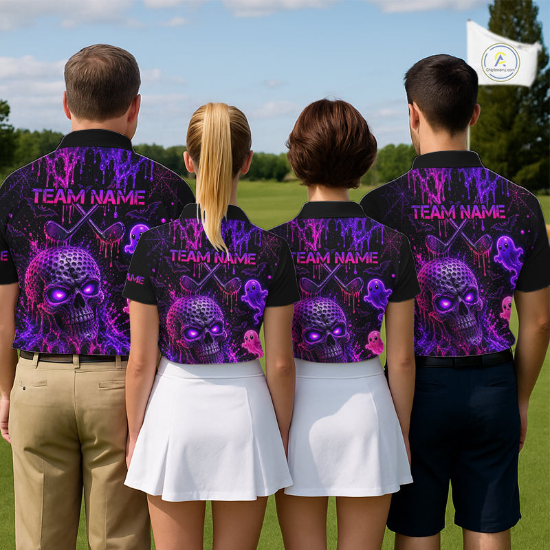 Custom Name Purple Pink Halloween Men Golf Polo Shirt, Spooky Neon Skull Ghost Golfing Apparel NHT1434