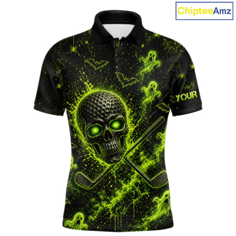 Custom Green Halloween Men Golf Team Shirt With Name, Neon Lime Skull Spooky Golf Polo Apparel NHT1437