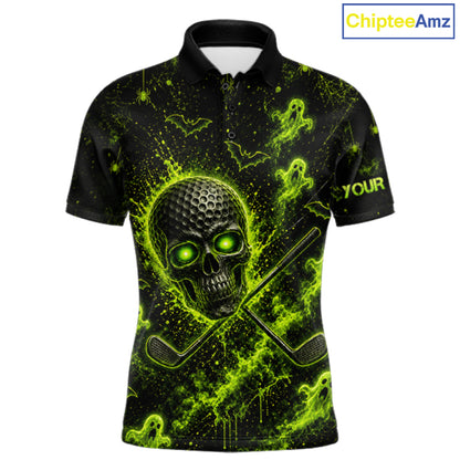 Custom Green Halloween Men Golf Team Shirt With Name, Neon Lime Skull Spooky Golf Polo Apparel NHT1437