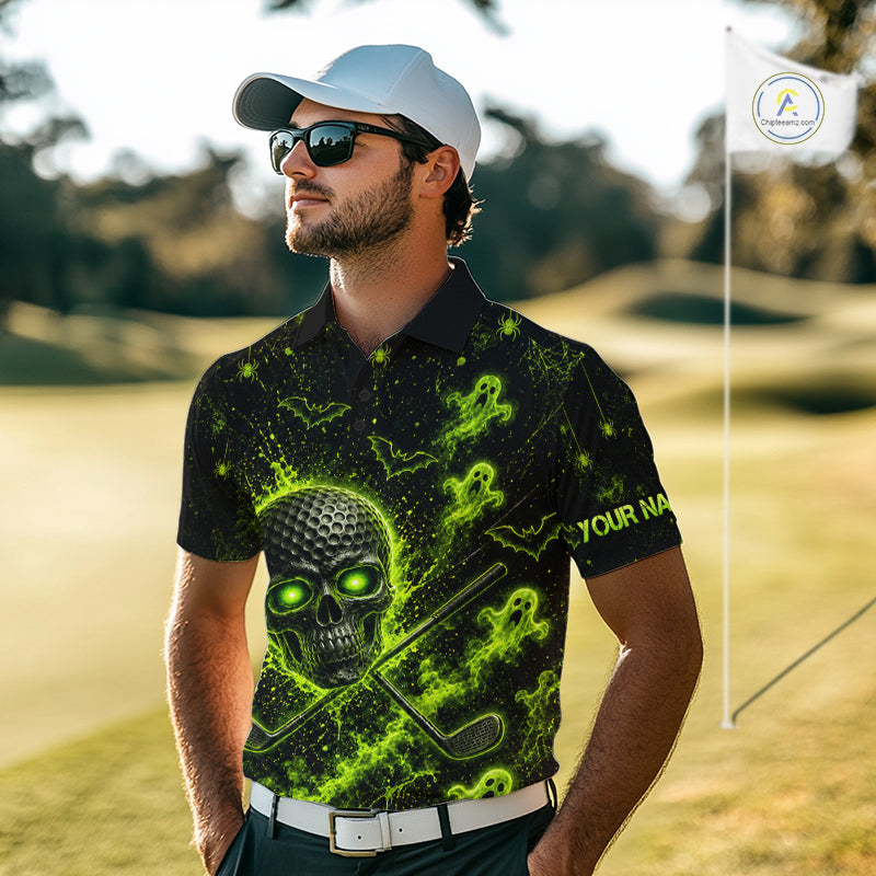 Custom Green Halloween Men Golf Team Shirt With Name, Neon Lime Skull Spooky Golf Polo Apparel NHT1437