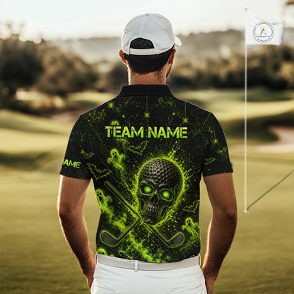 Custom Green Halloween Men Golf Team Shirt With Name, Neon Lime Skull Spooky Golf Polo Apparel NHT1437