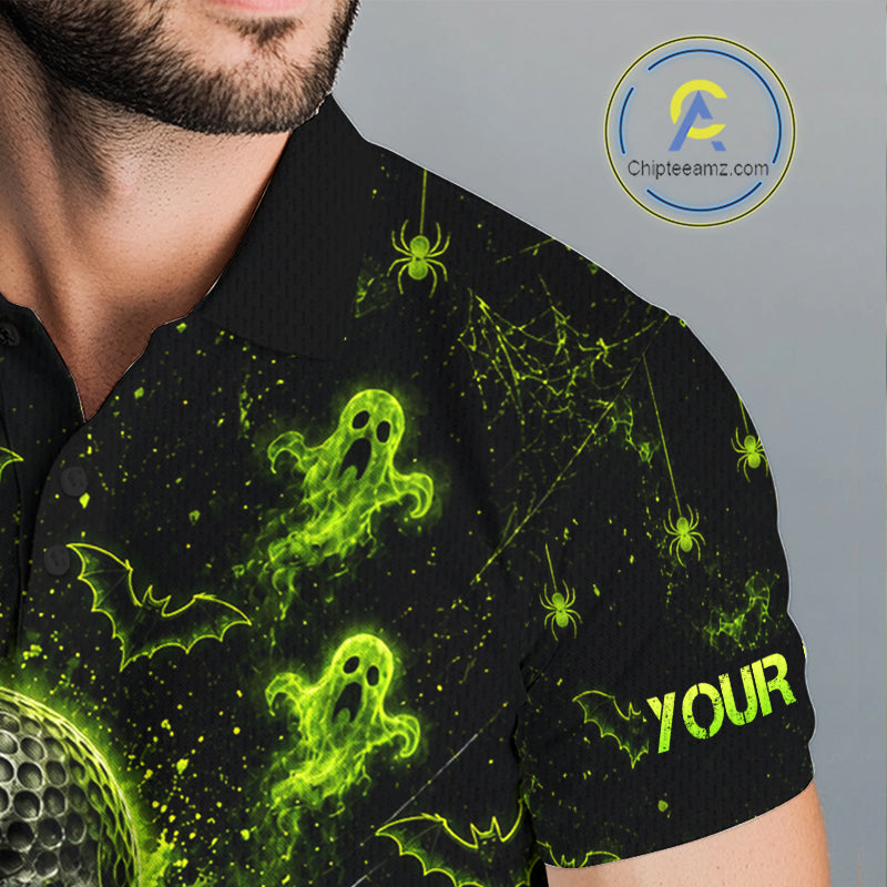 Custom Green Halloween Men Golf Team Shirt With Name, Neon Lime Skull Spooky Golf Polo Apparel NHT1437