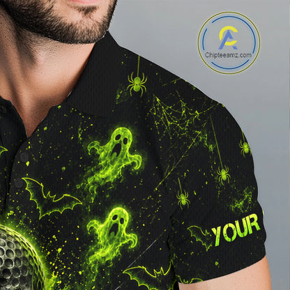 Custom Green Halloween Men Golf Team Shirt With Name, Neon Lime Skull Spooky Golf Polo Apparel NHT1437