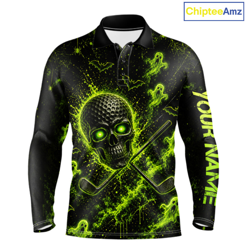 Custom Green Halloween Men Golf Team Shirt With Name, Neon Lime Skull Spooky Golf Polo Apparel NHT1437