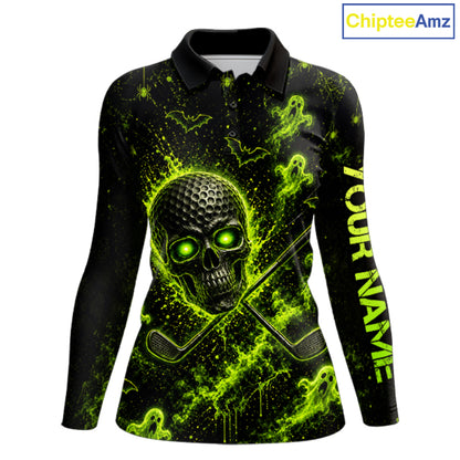 Custom Green Halloween Women Golf Team Shirt With Name, Neon Lime Skull Spooky Golf Polo Apparel NHT1437