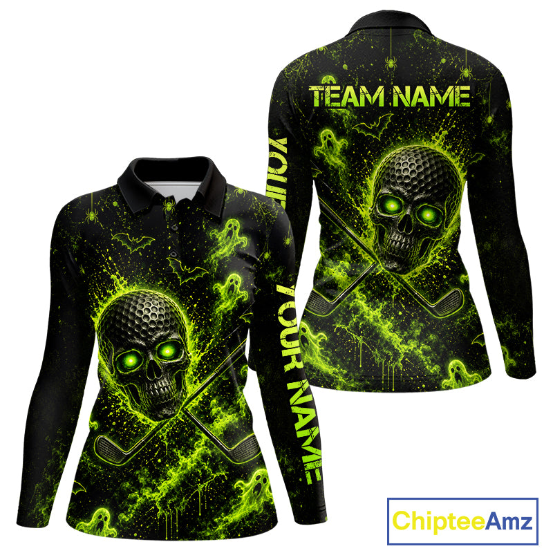 Custom Green Halloween Women Golf Team Shirt With Name, Neon Lime Skull Spooky Golf Polo Apparel NHT1437