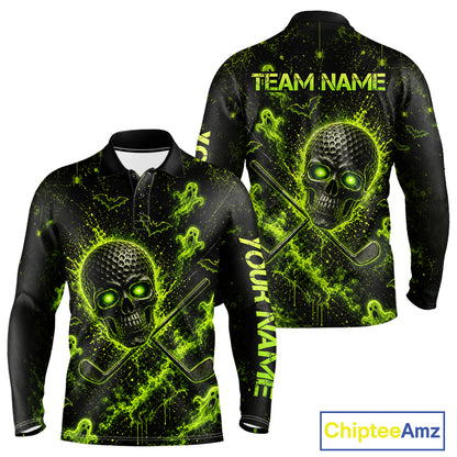 Custom Green Halloween Men Golf Team Shirt With Name, Neon Lime Skull Spooky Golf Polo Apparel NHT1437