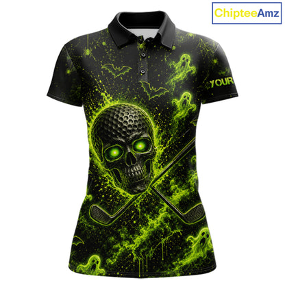 Custom Green Halloween Women Golf Team Shirt With Name, Neon Lime Skull Spooky Golf Polo Apparel NHT1437