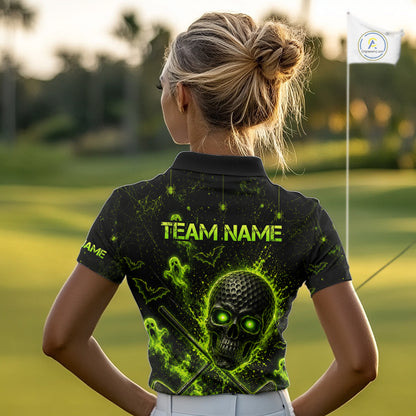 Custom Green Halloween Women Golf Team Shirt With Name, Neon Lime Skull Spooky Golf Polo Apparel NHT1437