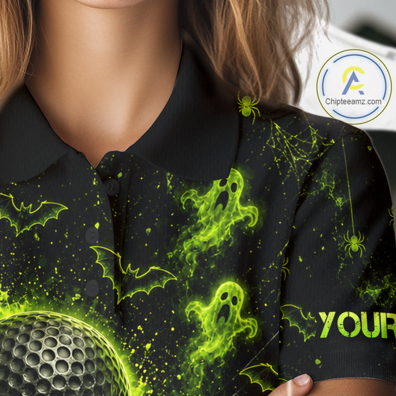 Custom Green Halloween Women Golf Team Shirt With Name, Neon Lime Skull Spooky Golf Polo Apparel NHT1437