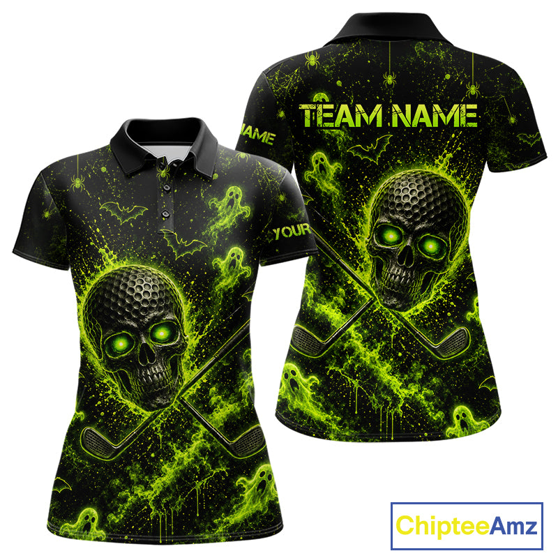 Custom Green Halloween Women Golf Team Shirt With Name, Neon Lime Skull Spooky Golf Polo Apparel NHT1437