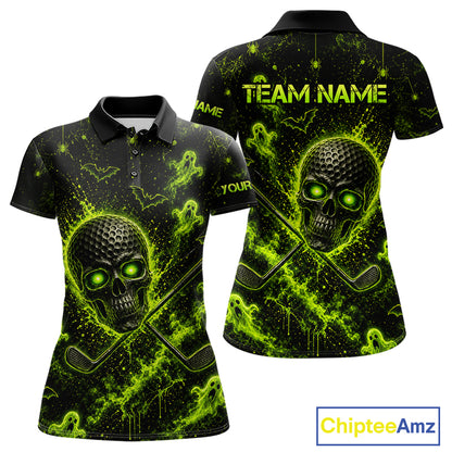 Custom Green Halloween Women Golf Team Shirt With Name, Neon Lime Skull Spooky Golf Polo Apparel NHT1437