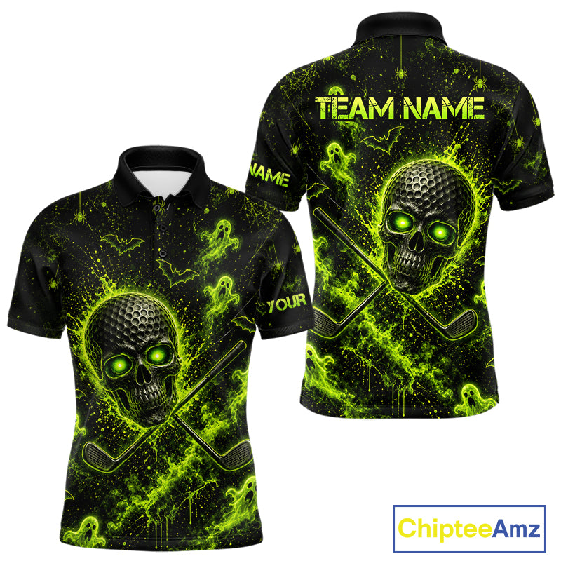 Custom Green Halloween Men Golf Team Shirt With Name, Neon Lime Skull Spooky Golf Polo Apparel NHT1437