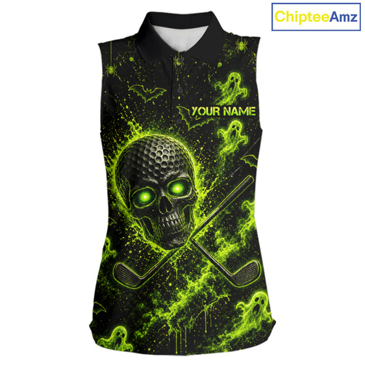 Custom Green Halloween Women Sleeveless Golf Team Shirt With Name, Neon Lime Skull Spooky Golf Polo Apparel NHT1437