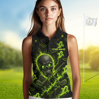Custom Green Halloween Women Sleeveless Golf Team Shirt With Name, Neon Lime Skull Spooky Golf Polo Apparel NHT1437