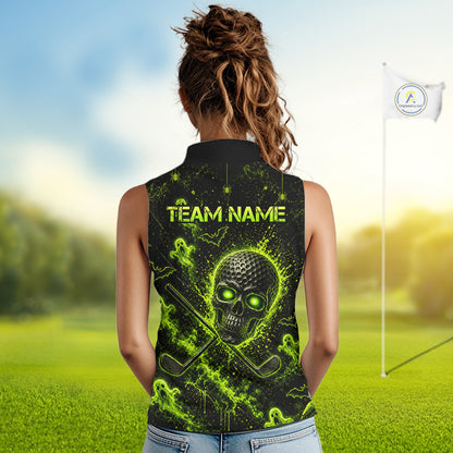 Custom Green Halloween Women Sleeveless Golf Team Shirt With Name, Neon Lime Skull Spooky Golf Polo Apparel NHT1437