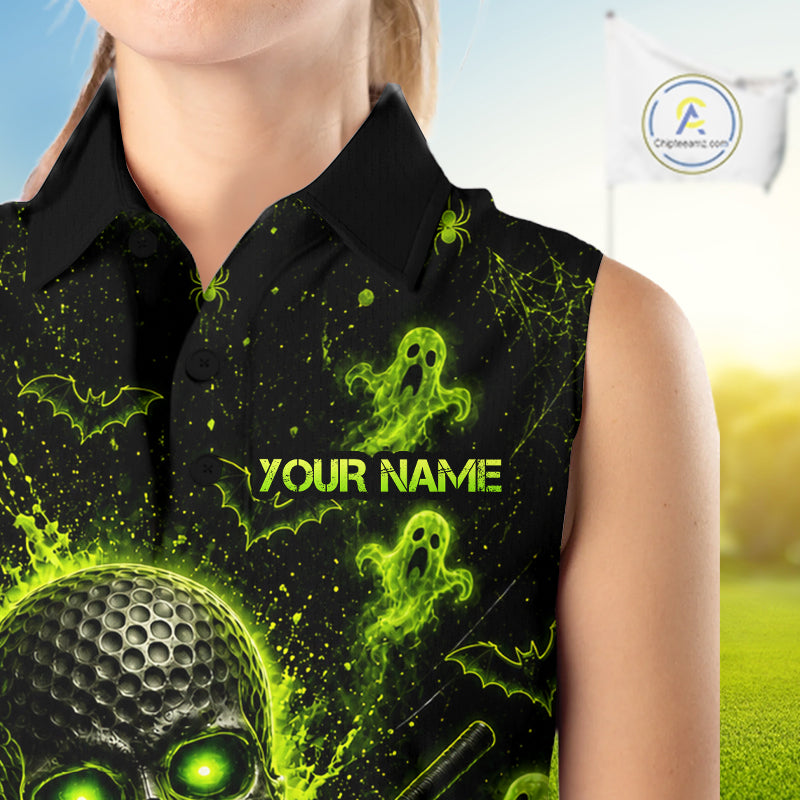 Custom Green Halloween Women Sleeveless Golf Team Shirt With Name, Neon Lime Skull Spooky Golf Polo Apparel NHT1437