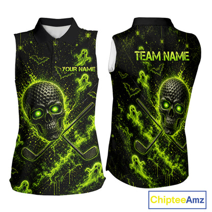 Custom Green Halloween Women Sleeveless Golf Team Shirt With Name, Neon Lime Skull Spooky Golf Polo Apparel NHT1437